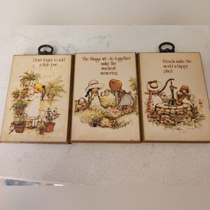Vintage. Carton Cards Small Plaque. Set Of 3. Girl In Gardens. Well. Flowers.